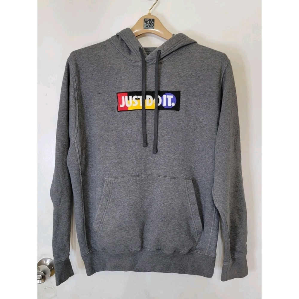 Nike Just Do It Hoodie Men's Size Small Heather Gray Fleece Lined Y2K Retro Rap